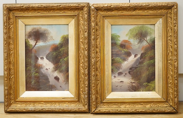 20th century school, pair of gouaches, Waterfalls, 30 x 19cm, housed in ornate gilt frames. Condition - good